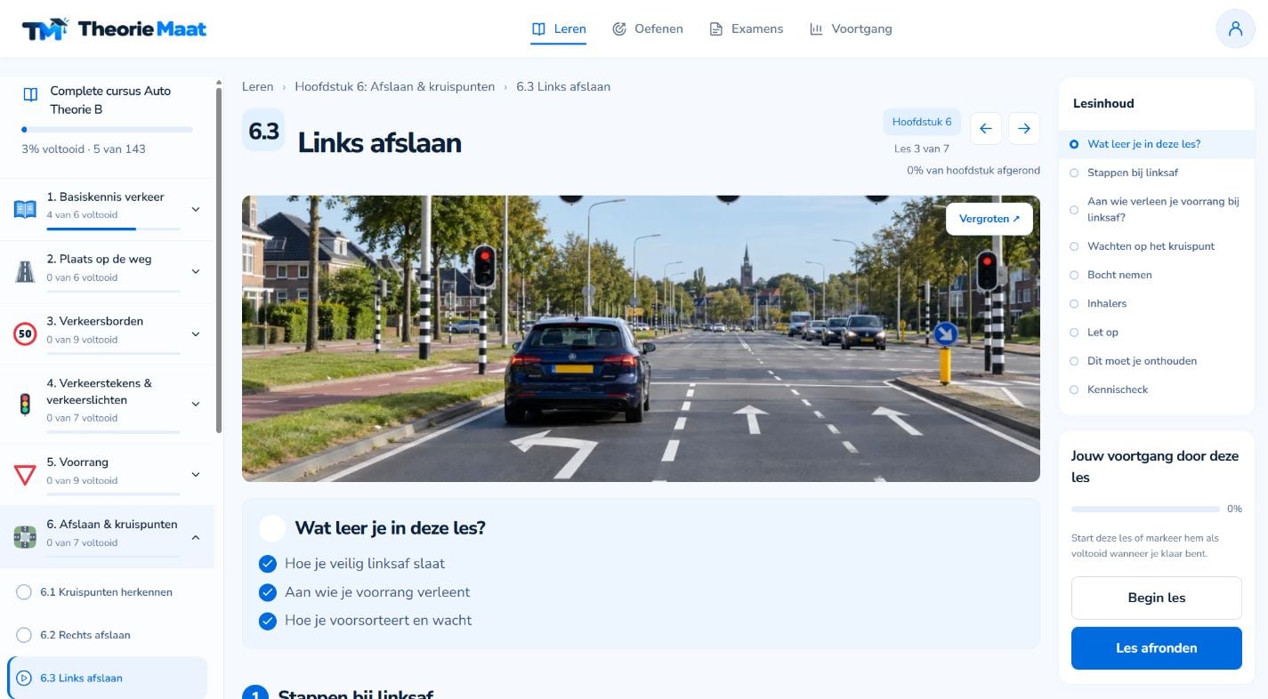 Echte TheorieMaat-les Links afslaan, met hoofdstukken, verkeersillustratie en lesinhoud.